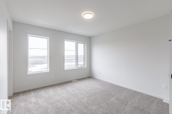 Bright interior room with two large windows, light gray carpeting, neutral wall finishes, and a flush-mount ceiling light fixture - 