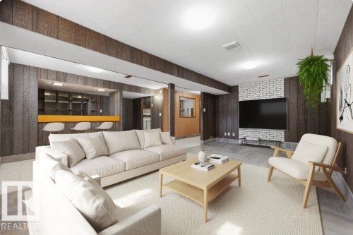 Built-in wet bar with overhead cabinetry, wood-paneled walls, recessed lighting, and a white brick-style accent wall - 14008 94 Street Nw, Edmonton, AB 