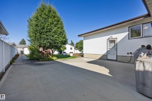 Expansive concrete patio leading to a concrete pathway and a large mature tree - 14008 94 Street Nw, Edmonton, AB 