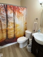 Bathroom featuring wood-finish flooring, a white toilet, and a vanity with a white basin sink and dark cabinetry - 