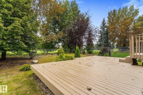 Expansive outdoor deck with integrated steps, surrounded by mature trees and a chain-link fence - 2060 Brennan Crescent Nw, Edmonton, AB 
