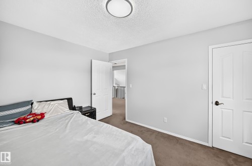Neutral wall paint, textured ceiling, flush mount ceiling light, paneled interior doors, and carpet flooring - 4216 47 Street Nw, Edmonton, AB 