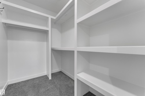 Built-in shelving, hanging rod, and gray carpet - 265 Falcon Crescent, Leduc, AB 
