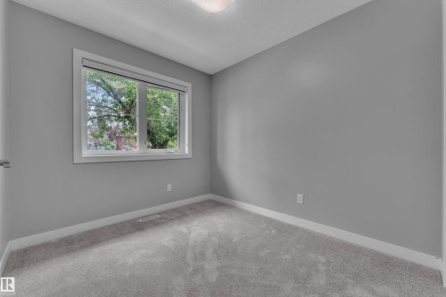 Neutral grey walls complement the light grey carpeting throughout this room, featuring a white-trimmed window, white baseboards, and an overhead flush-mount light fixture - 12221 117 Avenue Nw, Edmonton, AB - Indoor Photo Showing Other Room