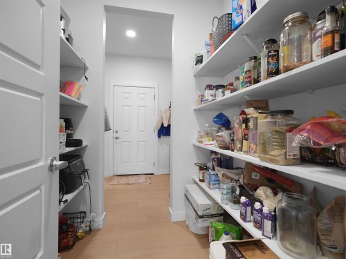 Walk-in pantry featuring extensive built-in shelving, light wood-finish flooring, and a recessed ceiling light - 22650 99A Avenue Nw, Edmonton, AB - Indoor With Storage