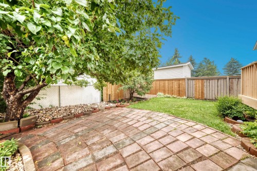 Paved patio with a curved edge, surrounded by a lawn area, mature trees - 17915 99A Avenue Nw, Edmonton, AB 