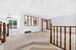 Carpeted living area with wood-finish railings - 