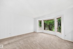 Expansive room featuring a bay window looking out to a well established and mature grape vine, neutral carpet, and white painted walls - 