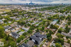 Aerial perspective displaying a residential area with varied architectural styles, mature tree canopies, and a distant city skyline - 