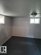 Room featuring gray carpeting, light gray walls, a flush-mount ceiling light fixture, and two windows with white trim - 
