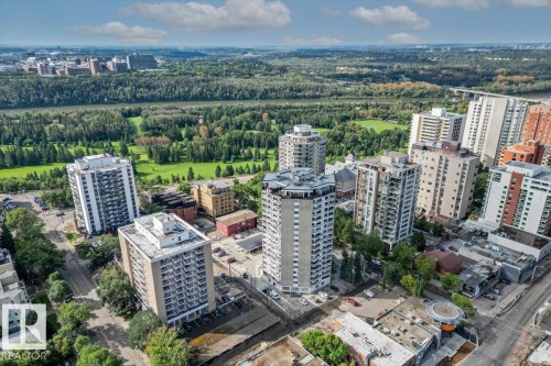 Aerial perspective showcasing urban density, green spaces, and river - #702 10045 117 St Nw, Edmonton, AB 