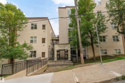 Terrace Court exterior featuring a multi-story design with light-colored stucco finish, multiple windows, and mature trees - 