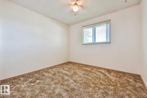 Single window with blinds, ceiling-mounted light fixture, and textured carpet - 9 Hawkins Crescent, Sherwood Park, AB 