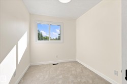 Neutral tone wall paint, light-toned carpet flooring, white trim detailing, and a single window - 