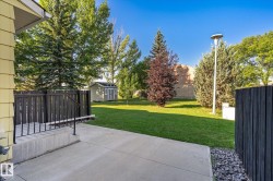 Expansive lawn area with mature trees, concrete patio, and a dedicated storage shed - 