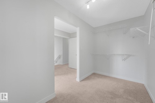 Carpeted interior space with track lighting, wire shelving, and neutral wall tones - 7832 Erasmus Wynd Nw, Edmonton, AB 