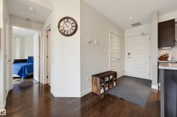 Entryway featuring dark wood-finish flooring, light grey walls, and white trim - 