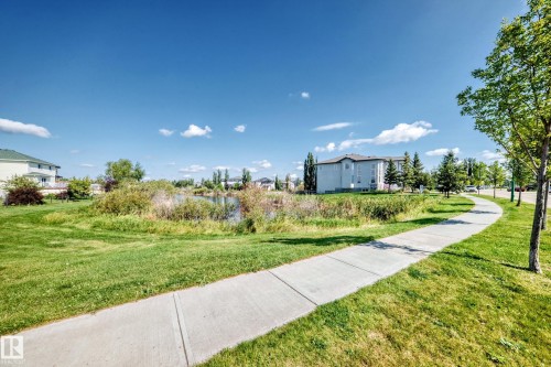 Curved concrete pathway with surrounding green lawn and mature trees, featuring a natural water body with lush vegetation - 3107 48 Street, Beaumont, AB 