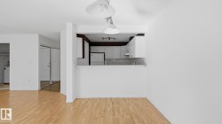 Hardwood flooring, kitchen pass-through, white cabinetry, light pendant fixtures, mirrored closet doors - 