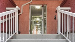 Concrete steps with white railings lead to a glass-paneled entrance door - 