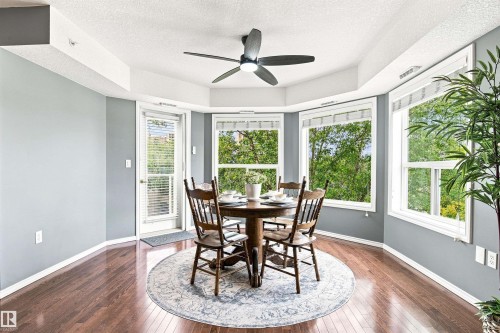 Hardwood-finish flooring, recessed ceiling with a central fan, multiple large windows, light gray wall finishes, and white trim - #432 6703 172 St Nw, Edmonton, AB 