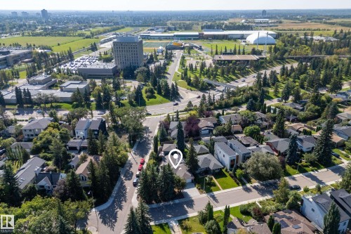 Aerial perspective of a residential street with mature trees and a mixed architectural landscape - 11603 72 Avenue Nw, Edmonton, AB 