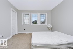 Room featuring three windows with blinds, light gray wall paint, white trim, and neutral carpet flooring - 