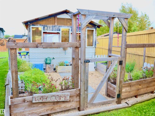 Fenced garden area with a wooden gate and multiple raised planter beds - 6003 50 Ave, Barrhead, AB 