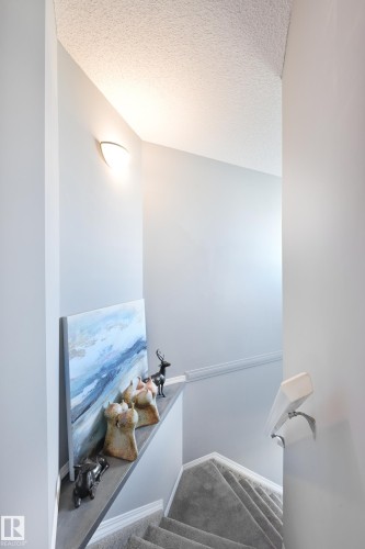 Staircase featuring carpeted treads, a wall-mounted handrail, and a built-in wall shelf - 8127 7 Avenue Sw, Edmonton, AB 