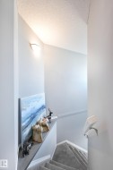 Staircase featuring carpeted treads, a wall-mounted handrail, and a built-in wall shelf - 