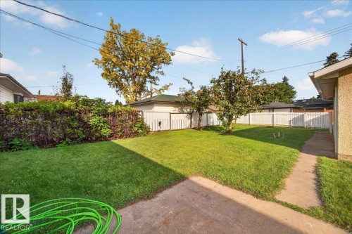 Manicured lawn with mature trees, white picket fencing, and established privacy hedges - 6104 92 Avenue Nw, Edmonton, AB 