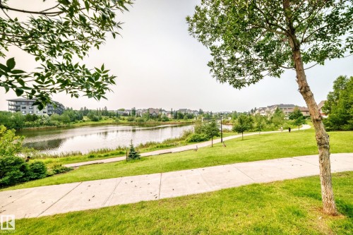 Expansive green spaces featuring a paved pathway, mature trees, and a tranquil pond - #307 1003 Gault Bv Nw, Edmonton, AB - Outdoor With View