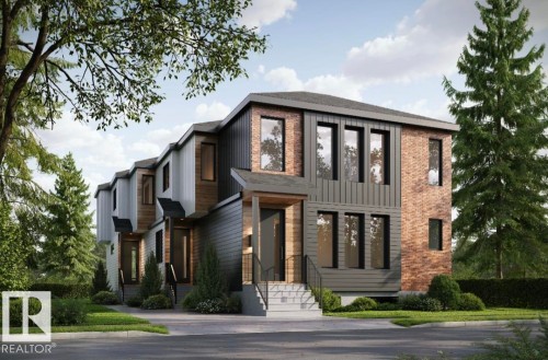 Contemporary multi-level exterior featuring brick and panel siding, large windows with dark frames, and a prominent front entrance with steps - 9543 87 Street Nw, Edmonton, AB 
