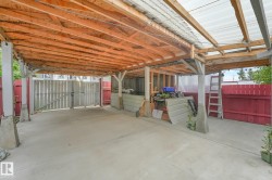 Concrete paved area with a wood-framed overhead structure, featuring a corrugated translucent roof - 