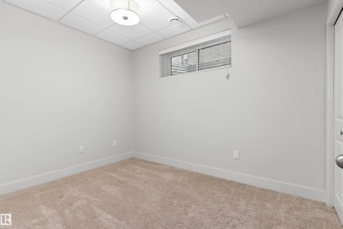 Neutral wall color, carpeted flooring, window with blinds, flush mount ceiling light, and panel door with hardware - 17535 110 Street Nw, Edmonton, AB 
