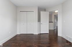 Wood-finish flooring with white trim - 