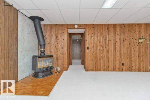 Freestanding fireplace with an adjacent tiled hearth - 11415 56 Avenue Nw, Edmonton, AB 