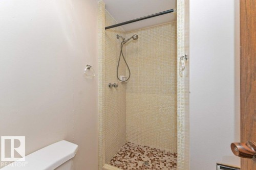 Shower stall featuring beige mosaic wall tile and a complementary mosaic floor tile with a handheld shower fixture - 11415 56 Avenue Nw, Edmonton, AB 