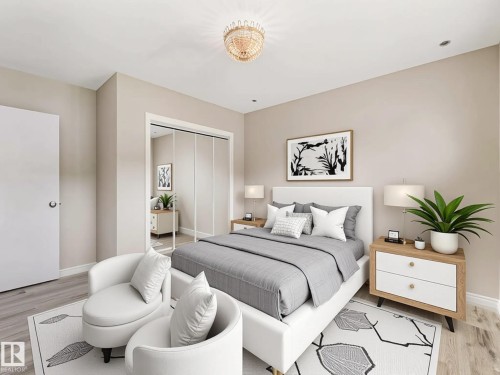 Recessed lighting with a decorative chandelier, light wood-finish flooring, and mirrored closet doors - 15916 88B Avenue Nw, Edmonton, AB 