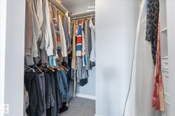 Walk-in closet with built-in shelving, hanging rods, and carpet flooring - 