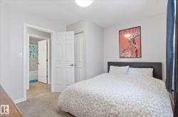 Carpeted flooring, light grey wall paint, six-panel interior doors, light wood-finish flooring, and an overhead light fixture - 