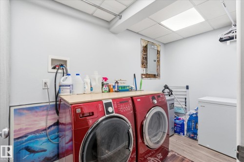 Laundry area with wood-finish flooring, drop ceiling, and surface-mounted ceiling light fixture - 2109 37 Avenue Nw, Edmonton, AB 