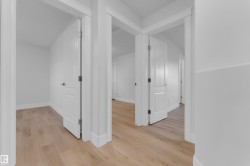 Light wood-finish flooring, white painted walls, and white trim throughout - 