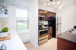 Kitchen featuring stainless steel appliances, dark wood-finish cabinetry, track lighting, and a dual basin sink - 