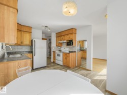 Kitchen featuring wood cabinetry, a double basin sink, white appliances, and wood-finish flooring - 