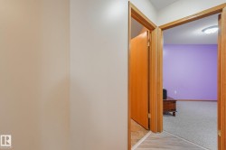 Interior hallway with light wood-finish flooring transitioning to light grey carpet - 
