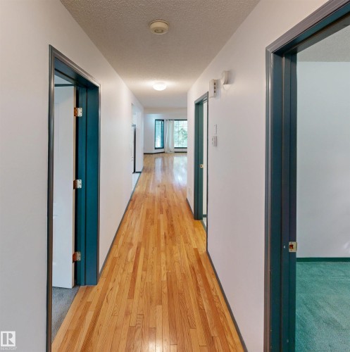 Hardwood flooring extending through the hallway, white painted walls, and ceiling-mounted lighting fixtures - 10941 81 Avenue Nw, Edmonton, AB 