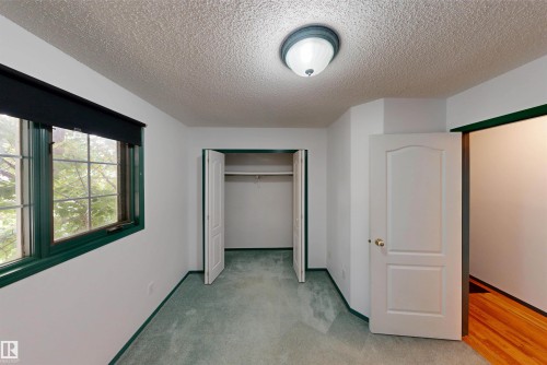 Carpeted room with a double bi-fold closet, single window, flush mount ceiling light, and a paneled door - 10941 81 Avenue Nw, Edmonton, AB 