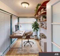 Recessed office area featuring wood-finish flooring, multiple windows with blinds, built-in open shelving, and a flush-mount ceiling light - 
