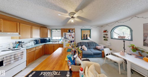 Kitchen and living area featuring wood-finish cabinetry, a white ceiling fan, and an arched window - 10941 81 Avenue Nw, Edmonton, AB 